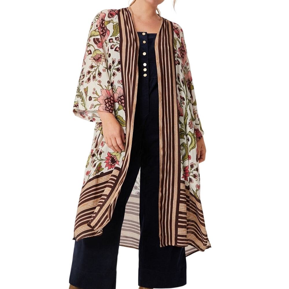 Anthropologie Bl-nk London Ada Floral Open Front Duster Kimono Pink Combo 1X